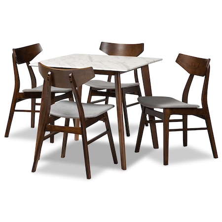 Baxton Studio Pearson Mid-Century Transitional Light Grey Fabric and Walnut Brown Finished Wood 5-PC Dining Set 178-10812-11082-Zoro